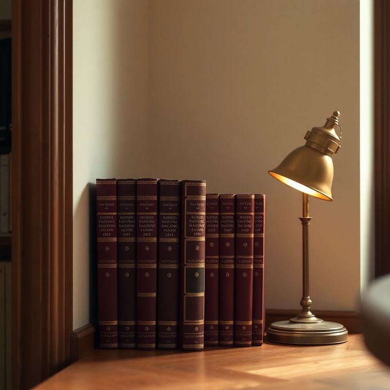 Detaliu interior al biroului: cărți de drept și lampă de alamă